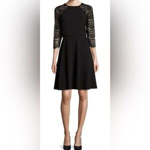 London Times Black Cocktail Dress Fit & Flare Illusion Lace 3/4 Sleeves 14W👍